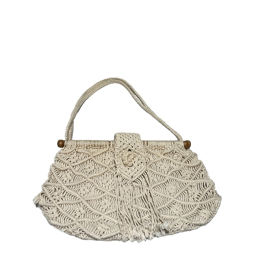 Vintage Mister Ernest Boho Macrame, Wood, Fridge Style Crochet Off White Handbag